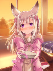 Rule 34 | 1girl, nanashi inc., animal ear fluff, animal ears, animare, bag, blonde hair, blush, bow, box, box of chocolates, braid, candy, chocolate, classroom, coat, desk, food, hair bow, hair ornament, highres, holding, holding chocolate, holding food, jacket, lollipop, long hair, looking at viewer, off shoulder, open clothes, open jacket, papers, pencil case, pink bow, pink coat, pink ribbon, purple eyes, religious offering, ribbon, sch, school bag, school uniform, seat, shiromiya mimi, sidelocks, solo, standing, sunset, unbuttoned, valentine, virtual youtuber, window