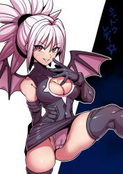 Rule 34 | 1girl, bare shoulders, black gloves, blue background, breasts, cameltoe, cleavage cutout, cleft of venus, clothing cutout, demon wings, elbow gloves, gloves, highres, large breasts, leg up, looking at viewer, panties, red eyes, shadow lady, shadow lady (character), silver hair, skirt, smile, solo, tukiwani, underwear, upskirt, white background, wings