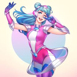 Rule 34 | 1girl, arm up, armor, blue background, blue gloves, blue hair, boots, breasts, cowboy shot, double bun, dress, floating hair, gloves, gradient hair, green hair, hair bun, hand up, headgear, large breasts, league of legends, leotard, long hair, looking at viewer, lux (league of legends), multicolored hair, one eye closed, open mouth, pink eyes, pink gloves, pink leotard, purple gloves, see-through, shoulder armor, smile, solo, space groove lux, teeth, thigh boots, thighhighs, tongue, tongue out, transparent skirt, tsuaii, upper teeth only, v, white background, white leotard