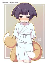Rule 34 | 1girl, animal ears, arms behind back, black hair, blue kimono, blush, breasts, brown eyes, closed mouth, commentary request, cropped legs, ears down, english text, eyebrows hidden by hair, fox ears, fox girl, fox tail, grey background, japanese clothes, kimono, kitsune, kukuri (mawaru), looking away, looking to the side, mawaru (mawaru), nose blush, original, short hair, short sleeves, small breasts, solo, tail, two-tone background, wavy mouth, white background