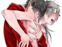 Rule 34 | 2boys, black hair, blush, clothed male nude male, demon, demon boy, earrings, closed eyes, fang, horns, hug, hug from behind, long hair, male focus, multiple boys, nude, open mouth, short hair, silver hair, simple background, sweatdrop, upper body, white background, yaoi, yellow eyes