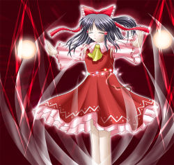 Rule 34 | 1girl, ascot, black hair, bow, desuno, detached sleeves, eyebrows, closed eyes, female focus, frilled skirt, frills, hair bow, hair tubes, hakurei reimu, outstretched arms, red bow, red skirt, ribbon-trimmed sleeves, ribbon trim, skirt, skirt set, solo, standing, touhou, vest
