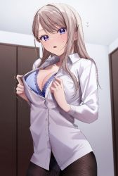 Rule 34 | 1girl, black pantyhose, blue bra, blue eyes, blush, bra, breasts, chigusa minori, cleavage, collared shirt, commentary request, indoors, large breasts, light brown hair, long hair, long sleeves, looking at viewer, pantyhose, parted lips, partially unbuttoned, saotome shino (shino to ren), shino to ren, shirt, solo, underwear, white shirt