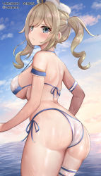 Rule 34 | 1girl, alternate breast size, ass, barbara (genshin impact), bikini, blonde hair, blue eyes, blue sky, blush, breasts, closed mouth, cloud, day, from behind, genshin impact, highres, large breasts, looking at viewer, looking back, outdoors, skindentation, sky, solo, strap gap, swimsuit, takenoko pengin, thigh strap, twintails