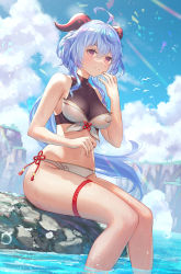 Rule 34 | 1girl, adapted costume, ahoge, anbe yoshirou, artist name, bare arms, bare shoulders, bikini, black bikini, blue hair, blue sky, breasts, cleavage, cloud, cloudy sky, crop top, day, floating hair, front-tie top, ganyu (genshin impact), genshin impact, goat horns, hand up, highleg, highleg swimsuit, highres, horns, knees together feet apart, long hair, looking at viewer, low ponytail, medium breasts, navel, parted lips, purple eyes, rock, side-tie bikini bottom, signature, sitting, sitting on rock, sky, smile, soaking feet, solo, stomach, swimsuit, thigh strap, thighs, wet, white bikini