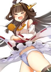 Rule 34 | 1girl, ahoge, bare shoulders, black skirt, blush, brown hair, closed eyes, clothes lift, cowboy shot, detached sleeves, double bun, hair bun, hairband, headgear, highres, japanese clothes, kantai collection, kongou (kancolle), long hair, nontraditional miko, open mouth, panties, ribbon-trimmed sleeves, ribbon trim, simple background, skirt, skirt lift, smile, solo, striped clothes, striped panties, underwear, vertical-striped clothes, vertical-striped panties, white background, white sleeves, wide sleeves, wind, wind lift, yotubawatane