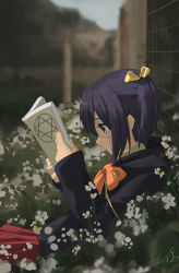 Rule 34 | 1girl, absurdres, ame999, black hair, black jacket, blurry, blurry foreground, book, bow, bowtie, chuunibyou demo koi ga shitai!, closed mouth, eyepatch, flower, from side, grass, green eyes, hair ribbon, highres, holding, holding book, hood, hooded jacket, jacket, official alternate costume, one side up, open book, orange bow, orange bowtie, outdoors, pleated skirt, reading, red skirt, ribbon, skirt, solo, takanashi rikka, white flower, yellow ribbon