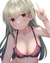Rule 34 | 1girl, bra, breasts, cleavage, commentary request, commission, green eyes, green hair, hair ornament, hairclip, highres, kantai collection, leaning forward, long hair, medium breasts, purple bra, shirasumato, simple background, skeb commission, solo, suzuya (kancolle), underwear, underwear only, upper body, v, white background