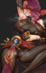 Rule 34 | 1girl, absurdres, arm up, armpits, babel (genshin impact), breasts, brown gloves, brown leotard, brown pantyhose, cameltoe, clothing cutout, covered navel, drill hair, eremite scorching loremaster (genshin impact), finger to mouth, forehead jewel, gem, genshin impact, gloves, haihai (skeleton), hair over shoulder, highleg, highleg leotard, highres, hood, large breasts, leotard, pantyhose, pink hair, red blindfold, sash, solo