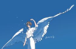 Rule 34 | 1boy, bird wings, blue background, brown hair, closed mouth, cowboy shot, dated, feathered wings, hair over eyes, looking up, male focus, original, outdoors, pants, rido (ridograph), shadow, shirt, short hair, solo, white pants, white shirt, white wings, wings