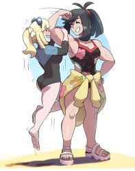Rule 34 | abs, absurdres, aged up, alternate muscle size, black hair, blonde hair, creatures (company), flexing, game freak, highres, juno son, lillie (pokemon), muscular, muscular female, nintendo, pokemon, pokemon sm, selene (pokemon), swimsuit, thick thighs, thighs