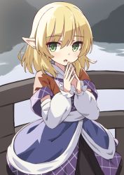 Rule 34 | 1girl, arm warmers, blonde hair, bridge, green eyes, highres, hiyaya (kochi michikaze), looking at viewer, mizuhashi parsee, multicolored clothes, open mouth, outdoors, own hands together, pointy ears, short hair, short sleeves, solo, standing, touhou