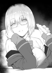 Rule 34 | 10s, 1girl, bow, bowtie, breasts, collared shirt, deras, empty eyes, fingernails, glasses, greyscale, gridman universe, hand up, holding, jacket, large breasts, long sleeves, looking at viewer, monochrome, off shoulder, parted lips, school uniform, semi-rimless eyewear, shinjou akane, shirt, short hair, solo, ssss.gridman, under-rim eyewear, wing collar