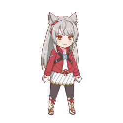 Rule 34 | 1girl, animal ear fluff, animal ears, black pantyhose, blush, boots, braid, brown eyes, camisole, cat ears, chibi, closed mouth, commentary request, fingerless gloves, full body, gloves, grey hair, jacket, long hair, mio (xenoblade), pantyhose, pleated skirt, red jacket, simple background, skirt, smile, solo, standing, v-shaped eyebrows, very long hair, white background, white camisole, white footwear, white gloves, white skirt, xenoblade chronicles (series), xenoblade chronicles 3, yoruusagi
