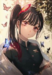 Rule 34 | 1girl, black hair, blurry, blurry background, butterfly hair ornament, commentary request, day, depth of field, expressionless, hair ornament, haori, head tilt, high collar, highres, japanese clothes, kimetsu no yaiba, leaf, lens flare, light trail, looking at viewer, majamari, outdoors, pink eyes, sheath, sheathed, short hair, side ponytail, solo, standing, sword, tsuyuri kanao, uniform, upper body, weapon