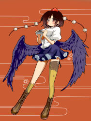 Rule 34 | 1girl, asymmetrical legwear, bird wings, blush, boots, breasts, brown eyes, brown footwear, brown hair, brown socks, brown thighhighs, camera, center frills, closed mouth, collared shirt, commentary request, egasumi, expressionless, frilled skirt, frills, full body, hair between eyes, hat, highres, holding, holding camera, iwaserie, leaf print, looking at viewer, low wings, maple leaf print, medium breasts, miniskirt, orange background, pom pom (clothes), print socks, print thighhighs, puffy short sleeves, puffy sleeves, purple skirt, purple wings, red hat, shameimaru aya, shirt, short hair, short sleeves, skirt, socks, solo, thighhighs, tokin hat, touhou, uneven legwear, white shirt, wings