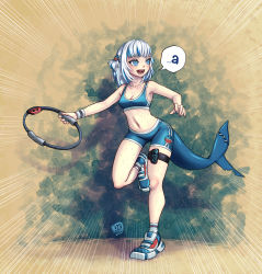 Rule 34 | a (phrase), bike shorts, blue eyes, blue hair, blunt bangs, breasts, controller, exercising, fins, fish tail, gawr gura, hair ornament, highres, hololive, hololive english, holomyth, kaosnokamisama, nail polish, navel, nintendo, ring-con, ring fit adventure, shark girl, shark hair ornament, shark tail, sharp teeth, shoes, silver hair, small breasts, sneakers, sports bra, sportswear, stitches, sweat, tail, teeth, virtual youtuber, wristband