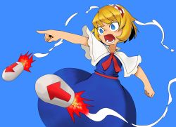 Rule 34 | 1girl, algodoo, alice margatroid, arrow (symbol), ascot, blonde hair, blue background, blue dress, blue eyes, bright pupils, capelet, commentary request, cookie (touhou), dress, feet out of frame, flat chest, hairband, ichigo (cookie), missile, open mouth, pointing, pointing forward, red ascot, red hairband, red sash, sash, short hair, simple background, solo, surauta, touhou, white capelet, white pupils