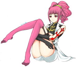 Rule 34 | 1girl, anya alstreim, ass, bare shoulders, code geass, expressionless, feet, gloves, hugging own legs, lang (chikage36), legs, long hair, no shoes, pink hair, pink thighhighs, red eyes, shorts, solo, tattoo, thighhighs, twintails
