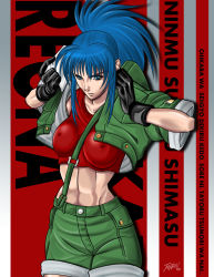 Rule 34 | 1girl, abs, between breasts, black gloves, blue eyes, blue hair, breasts, crop top, cropped jacket, covered erect nipples, gloves, highres, jonathan bustamante naranjo, large breasts, leona heidern, long hair, matching hair/eyes, midriff, naranjou, ponytail, shorts, solo, standing, strap between breasts, suspenders, tank top, the king of fighters, translation request