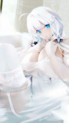 Rule 34 | 1girl, ahoge, azitama atsushi (attyuu), azur lane, bare shoulders, bath, bathing, bathtub, blue eyes, blunt bangs, blush, breasts, detached collar, elbow gloves, garter straps, gloves, hair ornament, hands on own chest, highres, illustrious (azur lane), knees up, large breasts, long hair, looking at viewer, low twintails, mole, mole under eye, open mouth, solo, thighhighs, thighs, twintails, water, white gloves, white hair, white thighhighs