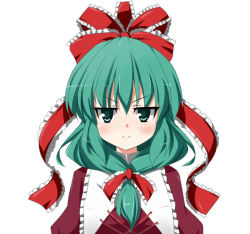 Rule 34 | 1girl, @yu, angry, female focus, front ponytail, frown, green eyes, green hair, kagiyama hina, looking at viewer, matching hair/eyes, portrait, ribbon, simple background, solo, touhou, watao, white background