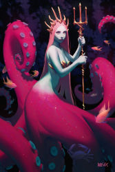 Rule 34 | 1girl, artstation username, bare arms, bare shoulders, bottomless, breasts, cleavage, closed mouth, colored skin, commentary, crab, dark background, deviantart username, english commentary, eyeliner, fish, gradient skin, grey skin, headgear, highres, holding, holding weapon, instagram username, lips, long hair, looking at viewer, makeup, manda schank, monster girl, original, pink eyes, pink hair, polearm, scylla, solo, suction cups, tentacles, trident, two-handed, underwater, very long hair, water, weapon