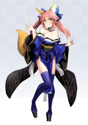 Rule 34 | 1girl, :&gt;, absurdres, animal ear fluff, animal ears, bare shoulders, blue kimono, blue ribbon, blue thighhighs, blush, breasts, cleavage, collarbone, commentary, commentary request, detached sleeves, double fox shadow puppet, fate/extra, fate/grand order, fate (series), fox ears, fox girl, fox shadow puppet, fox tail, full body, gradient background, hair ribbon, highres, japanese clothes, kimono, large breasts, looking at viewer, mo253, pink hair, ribbon, solo, tail, tamamo (fate), tamamo no mae (fate/extra), thighhighs, yellow eyes