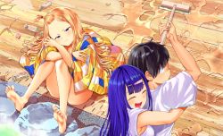 Rule 34 | 1boy, 2girls, absurdres, arm support, bare legs, barefoot, black hair, blonde hair, blue hair, blush, bottle, breasts, broom, character request, closed mouth, convenient leg, copyright request, embarrassed, grin, hair bun, hair ornament, hairclip, half updo, hand on own cheek, hand on own face, hand on own head, happy, highres, hug, hug from behind, knees to chest, knees together feet apart, long hair, looking at viewer, milk bottle, multiple girls, onsen, open mouth, original, pout, purple eyes, rock, shirt, short hair, sideboob, sidelocks, single hair bun, smile, straight hair, topknot, tsumuji magari x spring, upper body, water, wet, white shirt, wide-eyed, wooden floor, yumeno tanuki