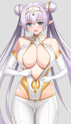Rule 34 | 1girl, absurdres, bare shoulders, blush, breasts, britomart (fate), britomart (second ascension) (fate), center opening, cleavage, double bun, fate/grand order, fate (series), hair bun, highres, higofushi, large breasts, long hair, looking at viewer, open mouth, solo, thighs