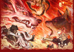 Rule 34 | 2boys, dog, fiery background, final fantasy, final fantasy xiv, fire, hand up, hat, inu bugyo, monster, moogle, multiple boys, official art, open mouth, pointing, shiba inu, wide-eyed
