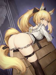 Rule 34 | 1girl, absurdres, animal ear fluff, animal ears, arknights, ass, bdsm, black bow, black thighhighs, blemishine (arknights), blonde hair, blush, bow, breasts, closed mouth, dutch angle, feet out of frame, frilled panties, frilled shirt, frills, hair bow, highres, horse ears, long hair, looking at viewer, looking back, lying, medium breasts, on stomach, panties, panty pull, purple background, shirt, sidelocks, skindentation, solo, thigh strap, thighhighs, underwear, vaulting horse, very long hair, white shirt, yellow eyes, zzbbc