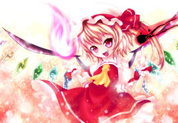 Rule 34 | 1girl, ascot, bad id, bad pixiv id, blonde hair, cicin, dress, fang, female focus, fire, flandre scarlet, hat, open mouth, pyrokinesis, red eyes, short hair, side ponytail, smile, solo, embodiment of scarlet devil, touhou, wings, wrist cuffs