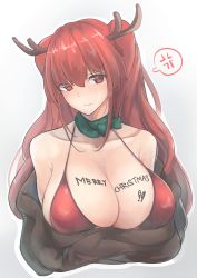 Rule 34 | 1girl, absurdres, anger vein, animal costume, azur lane, bikini, blush, body writing, breasts, cleavage, closed mouth, clothes pull, collarbone, cropped torso, crossed arms, fake antlers, green neckwear, highres, honolulu (azur lane), large breasts, long hair, looking at viewer, red bikini, red eyes, red hair, solo, spoken anger vein, swimsuit, two side up, yusha m