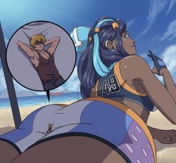 Rule 34 | 1boy, 1girl, ass, ass focus, bare shoulders, beach, bikini, black hair, blonde hair, blue eyes, blue gloves, blue hair, breasts, comfy, creatures (company), dark skin, day, fingerless gloves, from behind, game freak, giant, giantess, gloves, grin, hair ornament, huge ass, long hair, looking at another, looking back, lying, lying on another, lying on person, mini person, miniboy, multicolored hair, nessa (pokemon), nintendo, on ass, on stomach, original, outdoors, pokemon, pokemon swsh, sand, shadow, ship, single glove, size difference, smile, smug, sunglasses, swimsuit, tank top, tankini, thick thighs, thighs, two-tone hair, umbrella, very long hair, water, watercraft