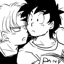 Rule 34 | 2boys, black eyes, black hair, book, dragon ball, dragonball z, expressionless, greyscale, looking at another, looking away, male focus, miiko (drops7), monochrome, multiple boys, open mouth, short hair, simple background, son goten, trunks (dragon ball), white background