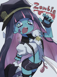 Rule 34 | 1girl, absurdres, aqua eyes, belly, black hair, black shorts, blue necktie, blue skin, blunt bangs, bone, colored inner hair, colored skin, food, gazacy (dai), gothic lolita, hat, highres, leg up, lolita fashion, long hair, looking at viewer, multicolored hair, navel, necktie, open mouth, panty &amp; stocking with garterbelt, police, police hat, police uniform, shirt, short sleeves, shorts, stocking (psg), sweets, thighhighs, uniform, white background, white shirt, zombie