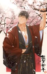 Rule 34 | 1boy, absurdres, bara, black hair, black kimono, branch, cherry blossoms, closed mouth, day, facial scar, falling petals, flower, haori, highres, holding, holding branch, japanese clothes, kimono, large pectorals, muscular, muscular male, original, outdoors, pectoral cleavage, pectorals, petals, scar, scar on cheek, scar on face, short hair, sideburns, solo, tai (tai xwxy), tree, yellow eyes