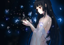 Rule 34 | 1girl, black hair, blue background, breasts, bug, butterfly, chenxiaxia, closed mouth, enma ai, highres, insect, jigoku shoujo, long hair, pale skin, red eyes, small breasts, smile, solo