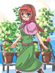 Rule 34 | 1girl, blue eyes, blurry, blurry background, boots, brown footwear, brown hair, capelet, commentary request, cookie (touhou), dress, feet out of frame, flower, food-themed hair ornament, glasses, green dress, hair ornament, hairband, highres, ichigo (cookie), long hair, looking at viewer, neckerchief, nob1109, open mouth, pink capelet, pink neckerchief, pink sash, plant, potted plant, red-framed eyewear, red flower, red hairband, sash, semi-rimless eyewear, solo, strawberry hair ornament, under-rim eyewear, yellow flower
