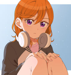 Rule 34 | 1girl, closed mouth, commentary request, hair between eyes, headphones, headphones around neck, highres, jacket, jenny (artist), knees to chest, looking at viewer, love live!, love live! superstar!!, medium hair, orange hair, pink shirt, purple eyes, shade, shibuya kanon, shirt, sitting, solo, swept bangs, upper body, white jacket