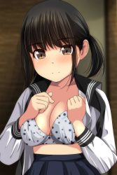 Rule 34 | 1girl, absurdres, black hair, black sailor collar, black skirt, blurry, blurry background, blush, bra, breasts, brown eyes, cleavage, closed mouth, collarbone, depth of field, highres, long sleeves, matsunaga kouyou, medium breasts, nose blush, open clothes, open shirt, original, pleated skirt, polka dot, polka dot bra, sailor collar, school uniform, serafuku, shirt, skirt, smile, solo, twintails, underwear, upper body, white bra, white shirt