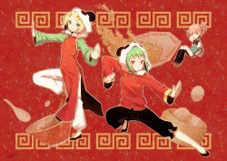 Rule 34 | 3girls, :p, animal hood, aqua eyes, blonde hair, blue eyes, blush stickers, bowl, blowing bubbles, chewing gum, chinese clothes, double bun, fighting stance, food, fried rice, green hair, gumi, hair bun, hair ornament, hairclip, highres, hood, kagamine rin, loafers, looking at viewer, megurine luka, mika-chan, multiple girls, nana mikoto, pink hair, pleated skirt, red eyes, rice, shoes, short hair, signature, single hair bun, sitting, skirt, smile, standing, standing on one leg, tongue, tongue out, vocaloid, yi er fan club (vocaloid)
