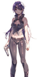 Rule 34 | 1girl, bare shoulders, belt, black footwear, black pants, boots, breasts, cleavage, cleavage cutout, clenched teeth, clothing cutout, collar, dsmile, gluteal fold, gun, handgun, holding, holding gun, holding weapon, knee boots, long hair, midriff, mirai nikki, navel, pants, parted lips, purple eyes, purple hair, shiny clothes, shirt, simple background, sleeveless, sleeveless shirt, solo, standing, stomach, tank top, teeth, uryuu minene, very long hair, weapon, white background