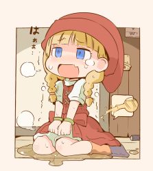 Rule 34 | 1girl, beige border, black footwear, blonde hair, blue eyes, blush, boots, border, bow, braid, door, door handle, dragon quest, dragon quest xi, dress, female focus, full body, hair tie, half-closed eyes, hanomido, hat, have to pee, hood, indoors, locked door, open mouth, own hands together, peeing, peeing self, puddle, red bow, red hat, short sleeves, sitting, smile, socks, solo, steam, sweat, text focus, toilet sign, toilet symbol, translated, trembling, twin braids, urine meter, veronica (dq11), wet, wet clothes, white dress, wooden floor, wristband