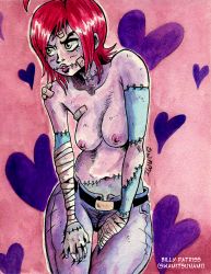 Rule 34 | 1girl, bandages, billy patriss, breasts, colored skin, denim, dreameater, green eyes, green skin, hanako, highres, jeans, lips, monster girl, multicolored skin, navel, nipples, painting (medium), pants, pink skin, red hair, scar, short hair, solo, stitches, swamimen, swamitsunami, tomboy, topless, traditional media, watercolor (medium), zombie, zombie girl