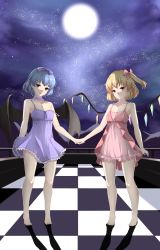 Rule 34 | 2girls, absurdres, barefoot, bat wings, blonde hair, blue bow, blue ribbon, bow, breasts, chahei, checkered floor, collarbone, commentary, crystal, flandre scarlet, full moon, hair ribbon, highres, holding hands, looking at viewer, moon, multiple girls, night, night sky, open mouth, purple hair, red bow, red eyes, red ribbon, remilia scarlet, ribbon, short hair, siblings, side ponytail, sisters, sky, sleepwear, small breasts, star (sky), strap pull, tiptoes, touhou, wings