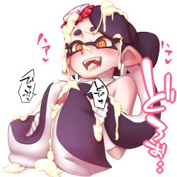 Rule 34 | 1girl, :d, bad id, bad pixiv id, black hair, blush, callie (splatoon), cum, cum in mouth, cum on body, cum on hair, cum on nose, cum on tongue, cum on upper body, cum string, detached collar, dripping, drooling, earrings, elbow gloves, facial, fangs, food, food on head, gloves, hairjob, hamagurimaguro, heart, heart-shaped pupils, hoop earrings, inkling, jewelry, nintendo, object on head, open mouth, orange eyes, penis, pointy ears, purple theme, saliva, saliva trail, short eyebrows, simple background, smile, sound effects, speech bubble, splatoon (series), splatoon 1, swept bangs, symbol-shaped pupils, teeth, tentacle hair, tentaclejob, tentacles, thick eyebrows, tongue, translation request, uncensored, upper body, white background, white gloves