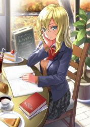 Rule 34 | 1girl, bad id, bad pixiv id, black skirt, blazer, blonde hair, blue eyes, brown sweater, cafe, cake, chair, closed mouth, coffee, cola, cup, day, food, hair between eyes, hand on own cheek, hand on own face, highres, holding, holding pencil, indoors, jacket, light smile, looking at viewer, open clothes, open jacket, original, pencil, plaid, plaid skirt, plant, pleated skirt, potted plant, saucer, sign, sitting, skirt, smile, solo, sweater, table, tart (food), teacup, writing, yoropa