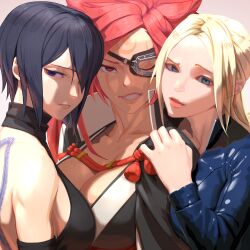 Rule 34 | 3girls, absurdres, amputee, arm on another&#039;s shoulder, back tattoo, baiken, black hair, black kimono, blonde hair, blue bodysuit, blue eyes, bodysuit, breast press, breasts, cleavage, commentary request, crossover, eyepatch, facial tattoo, forehead, grin, guilty gear, guilty gear xrd, hair over one eye, heattech leotard, highres, huge breasts, japanese clothes, kataginu, kimono, large breasts, lips, long hair, looking at viewer, multiple crossover, multiple girls, nina williams, nose, one-eyed, pink hair, ponytail, popped collar, purple eyes, red eyes, red rope, rope, ryohhe, samurai spirits, scar, scar across eye, shiki (samurai spirits), short hair, sideboob, smile, snake tattoo, tattoo, tekken, tekken 7, turtleneck